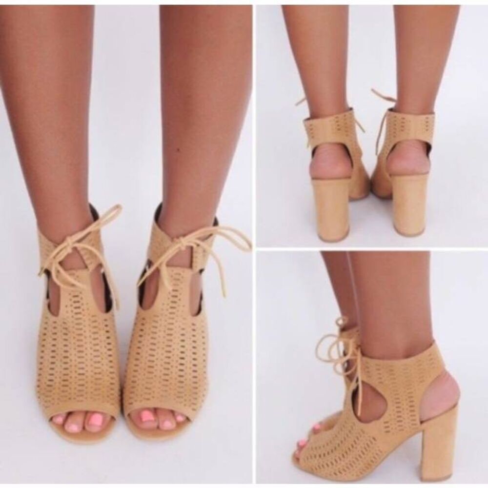 Qupid Tan Perforated Lace-Up Open-Toe Block Heel Booties